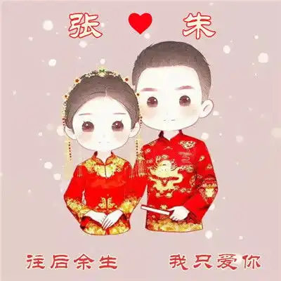 结婚照情侣姓氏头像全部是卡通情侣加姓氏还有一颗心
