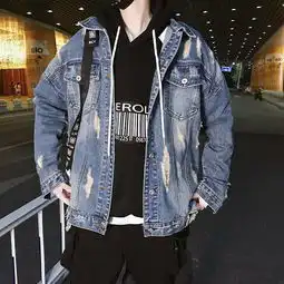 秋冬季新款牛仔夹克男女帅气bf宽松港风潮流不规则磨破洞乞丐外套一件代发
