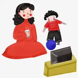卡通手绘看电视的母亲和玩耍的孩子图片素材其他格式下载动漫人物大全
