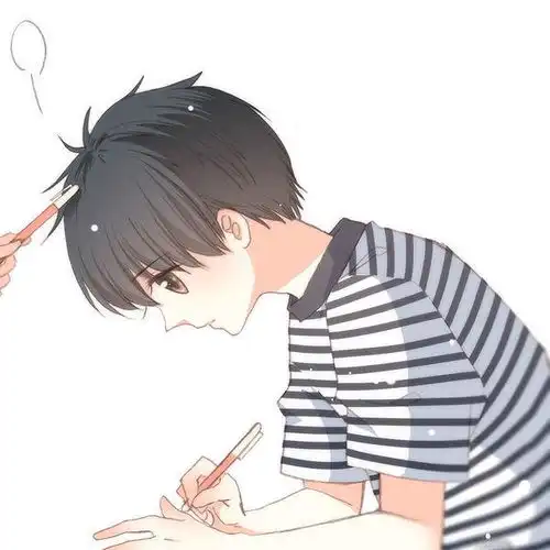 男孩写字,女孩拿笔戳男孩的情侣头像漫画的
