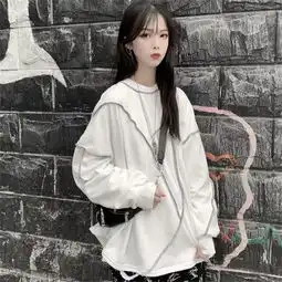初春韩版中长款宽松个性设计情侣款慵懒风套头t恤卫衣上衣外套女
