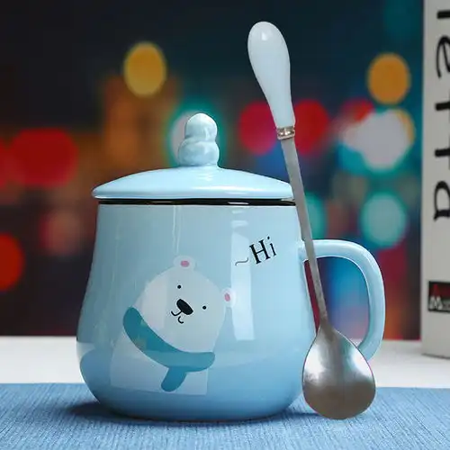韩版可爱动物马克杯陶瓷杯子卡通喝水杯情侣杯咖啡杯带盖勺牛奶杯
