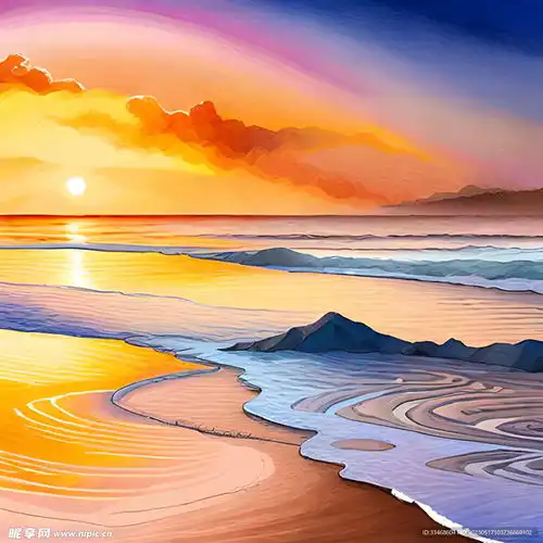 海边日出水彩风景画设计图自然风光
