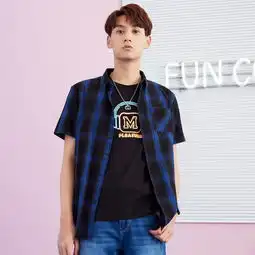 美特斯邦威短袖衬衫男复古潮流格子港风纯棉短袖衬衣
