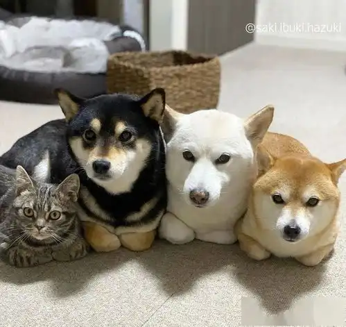 当有三只柴柴的大户人家又养了一只猫后...这到底是四只猫还是四只狗
