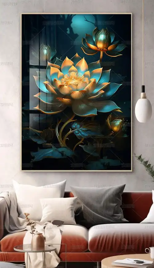 金色轻奢荷花装饰画轻奢油画写实花卉植物装饰画
