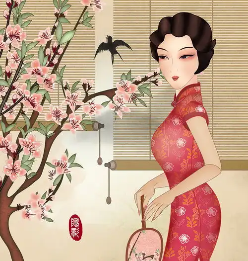 唯美古风桃花花枝花瓣飘落下棋美人
