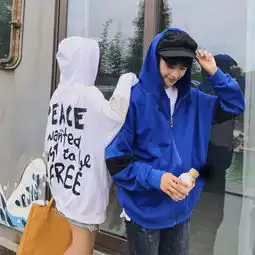 女装港风国潮卫衣情侣装秋装韩版连帽宽松开衫外套男潮w100p68
