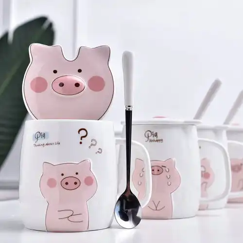 创意小猪马克杯粉色少女心卡通陶瓷杯子情侣水杯咖啡杯带盖勺水杯
