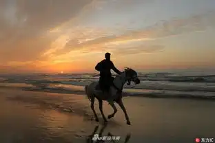 夕阳映衬少年海边骑马
