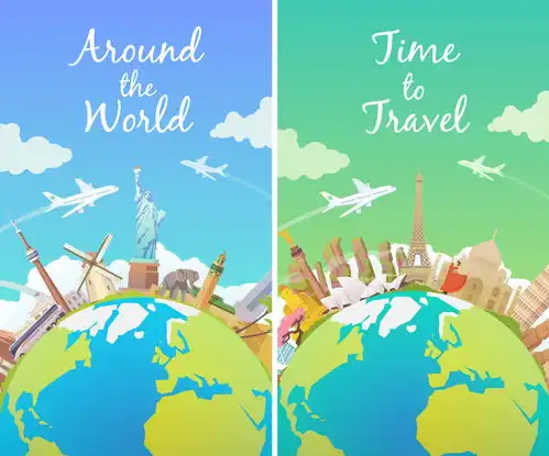 扁平化卡通世界旅游旅行景点建筑风景海报banner平面设计背景矢量h5动画素材地球扁平化2.5d等距差素材
