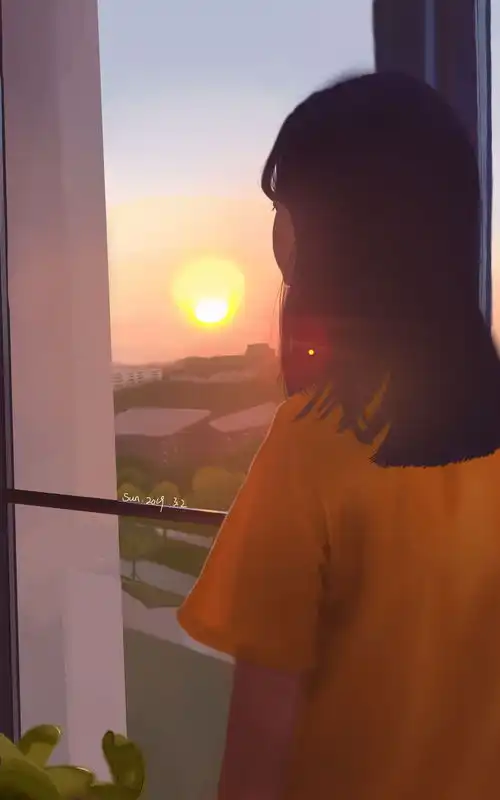 夕阳下夕阳中吧的背影手绘
