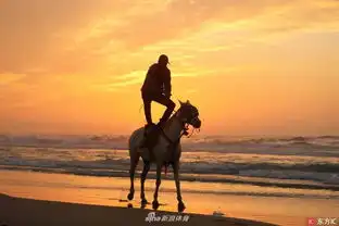 夕阳映衬少年海边骑马
