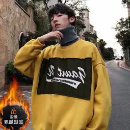 港风高领卫衣男加绒加厚秋冬款韩版潮流原宿bf风嘻哈情侣装卫衣外套一件代发
