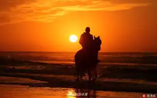 夕阳映衬少年海边骑马
