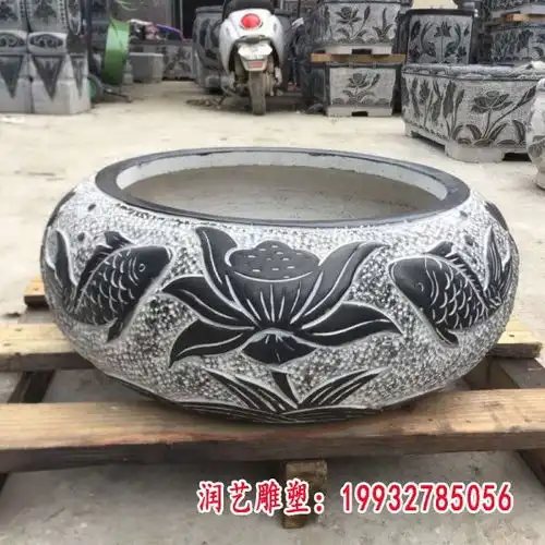 仿古鲤鱼荷花石浮雕水缸郑州花岗岩雕塑水缸厂家
