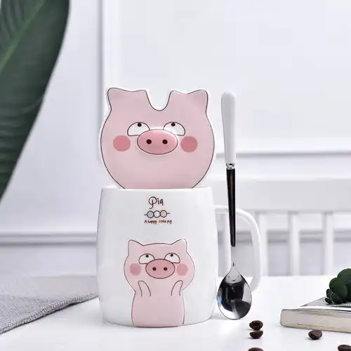 创意小猪马克杯粉色少女心卡通陶瓷杯子情侣水杯咖啡杯带盖勺水杯
