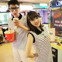 韩国版2013年夏装新款大码连衣裙沙滩黄白条纹情侣装时尚班服
