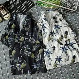 港风chic短袖花衬衫男士大码宽松夏威夷沙滩度假情侣复古碎花衬衣一件代发
