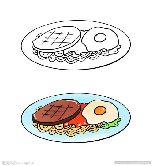 手绘卡通填色简笔画牛排套餐设计图
