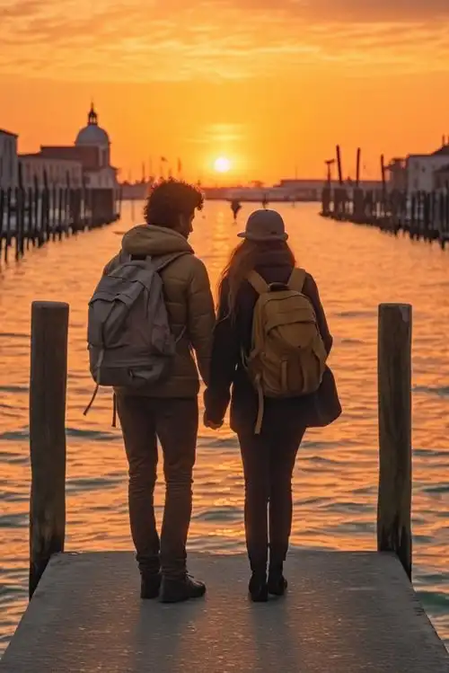 夕阳下情侣旅行背影人物摄影图片摄影
