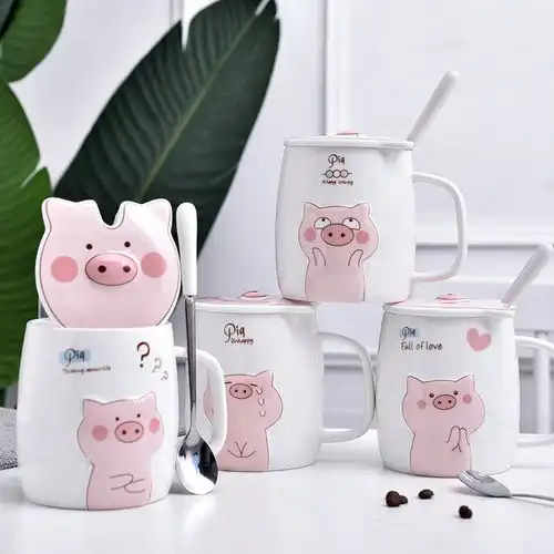 创意小猪马克杯粉色少女心卡通陶瓷杯子情侣水杯咖啡杯带盖勺水杯
