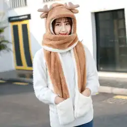 冬季女韩版可爱卡通连体加厚保暖圣诞鹿角帽子围巾手套一体三件套,一品好特惠
