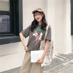 实拍韩国小鹿印花圆领短袖宽松t恤
