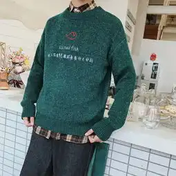 秋冬季新款港风潮流个性宽松毛衣男圆领套头长袖情侣刺绣针织衫一件代发
