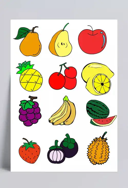 简笔画上色卡通水果素材简笔画,水果,梨子,苹果,菠萝,樱桃,柠檬,葡萄,香蕉,西瓜,草莓,山竹,榴莲,家居用品,全屏海报,电商模板感同身受
