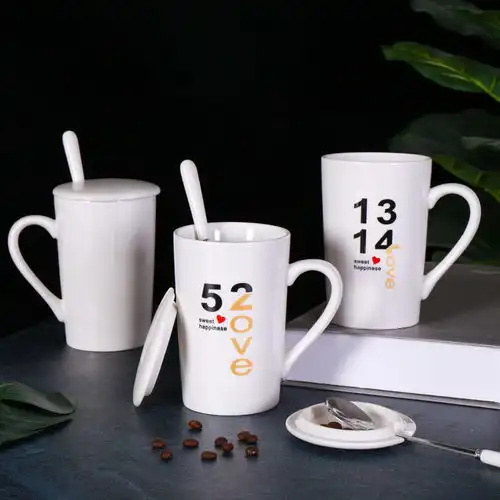 简约马克杯带盖勺创意陶瓷杯子学生水杯大容量杯情侣对杯套装女杯
